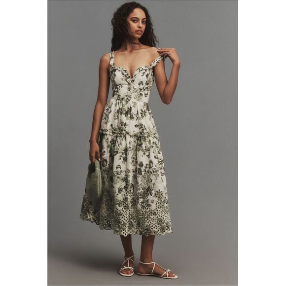 Anthropologie Dresses & Skirts - By Anthropologie Sleeveless Sweetheart A-Line Midi Green Floral Dress M - Flaws